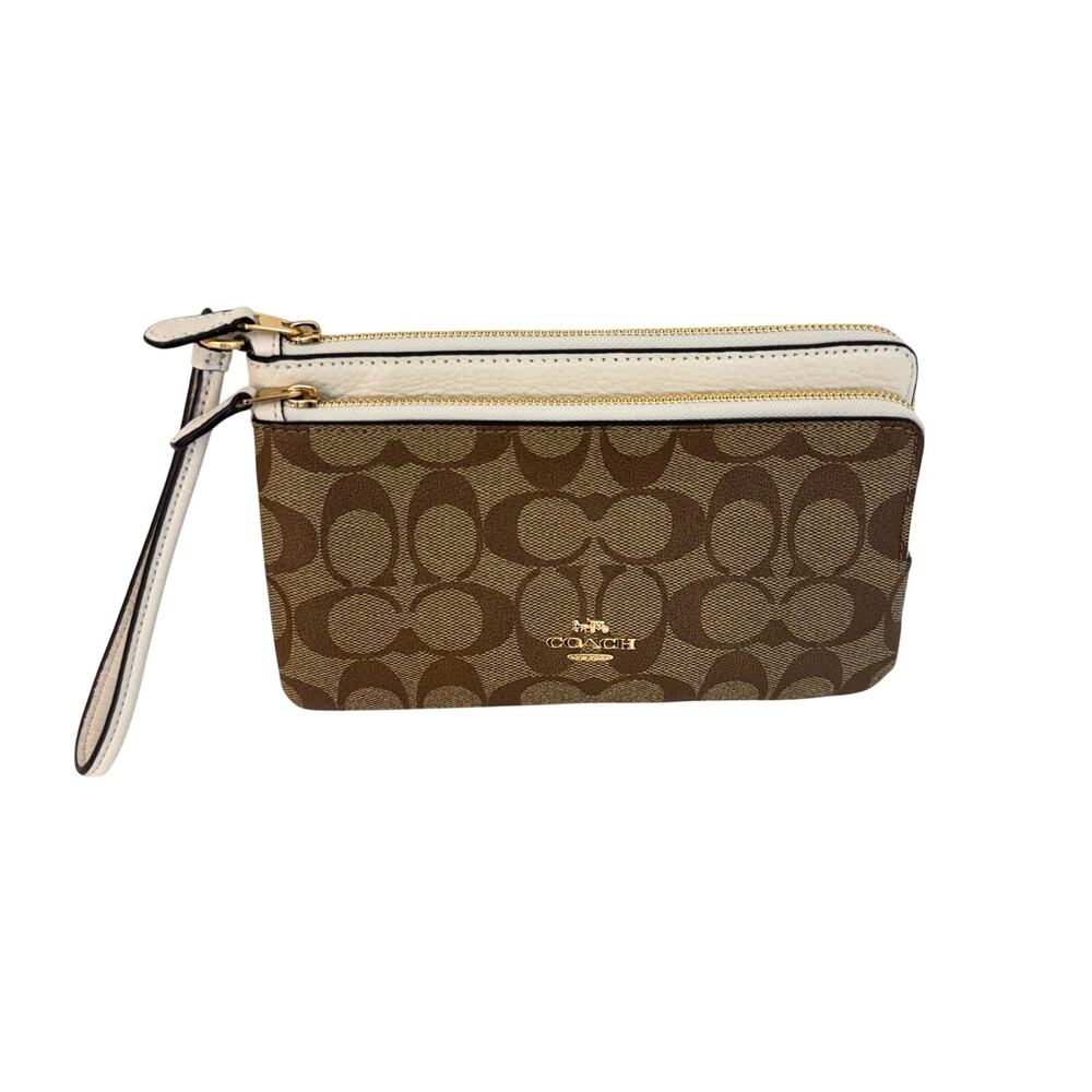 Coach Double Zip Wallet in Signature Canvas Leather Trim in Tan/Chalk C5576